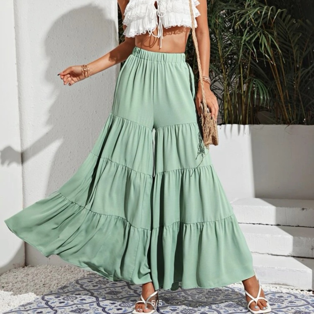 Elastic waist tiered palazzo pants mint green